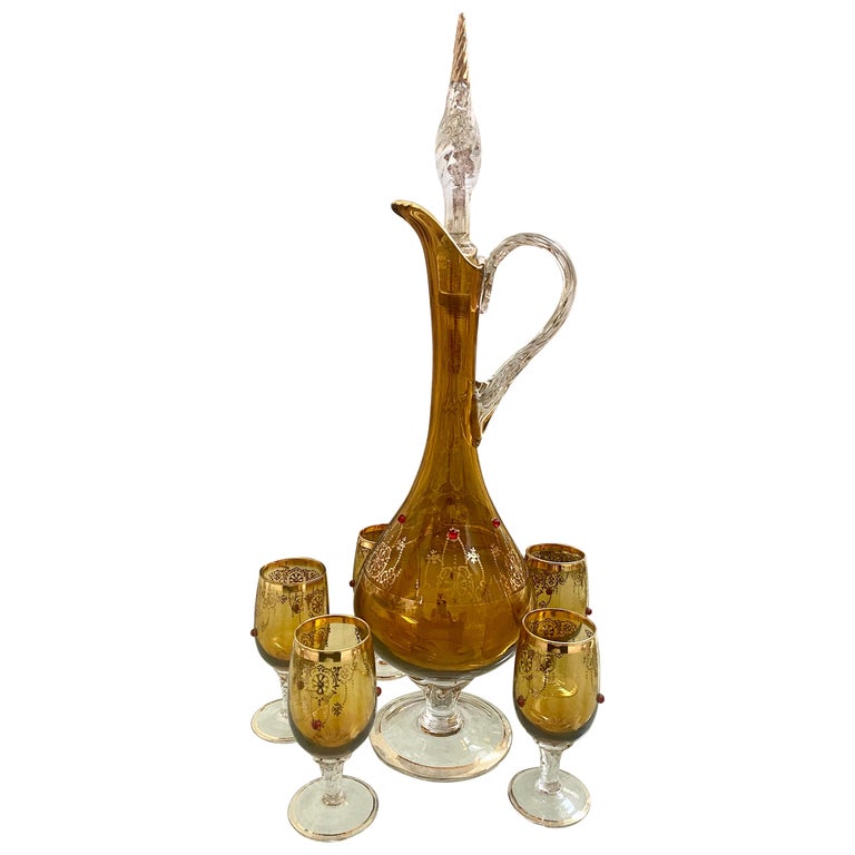 Gold Etched Glass Decanter Set with Enamel Accents For Sale at