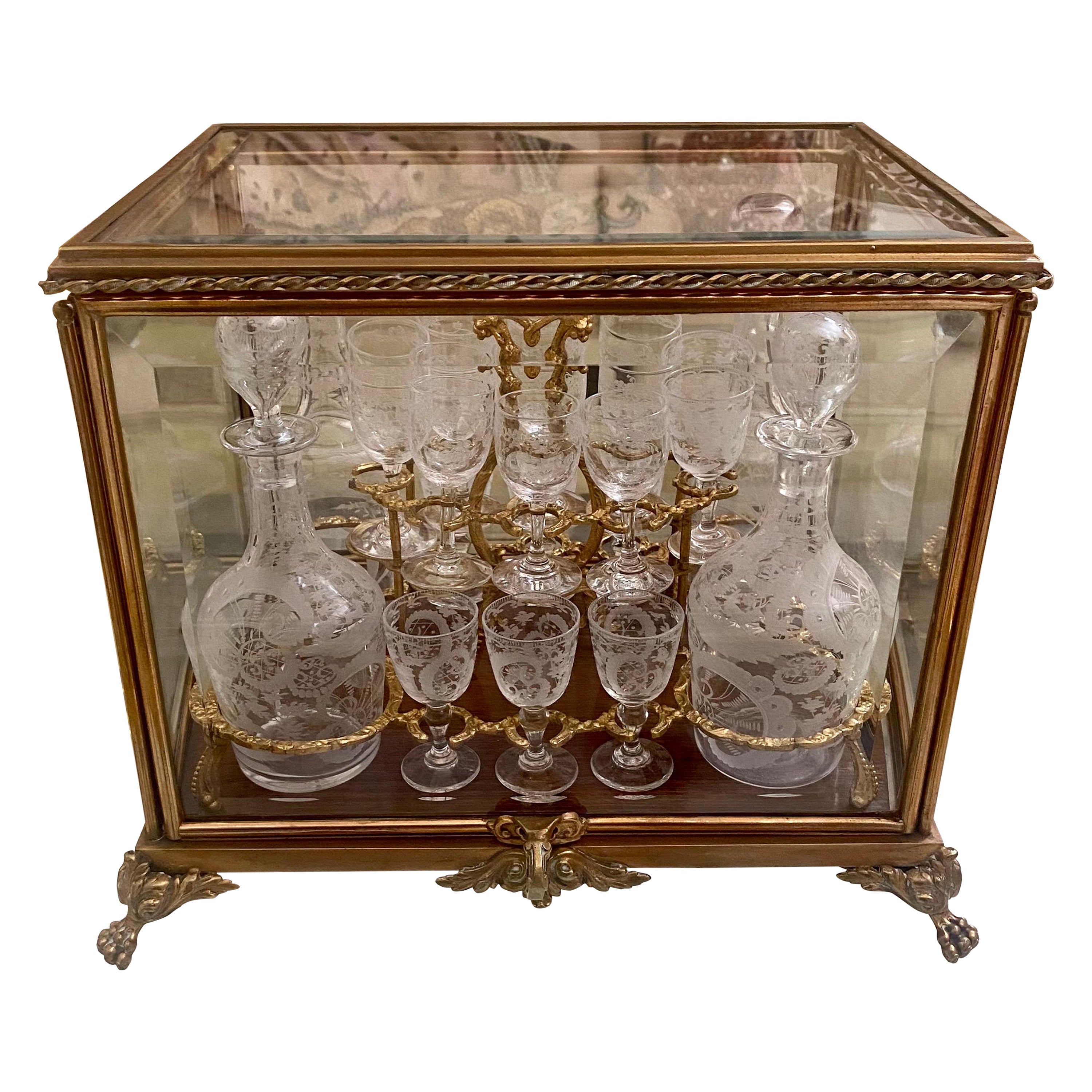 Cut Glass Decanter Set in Gilt Bronze and Glass Case, In the Style of Baccarat For Sale