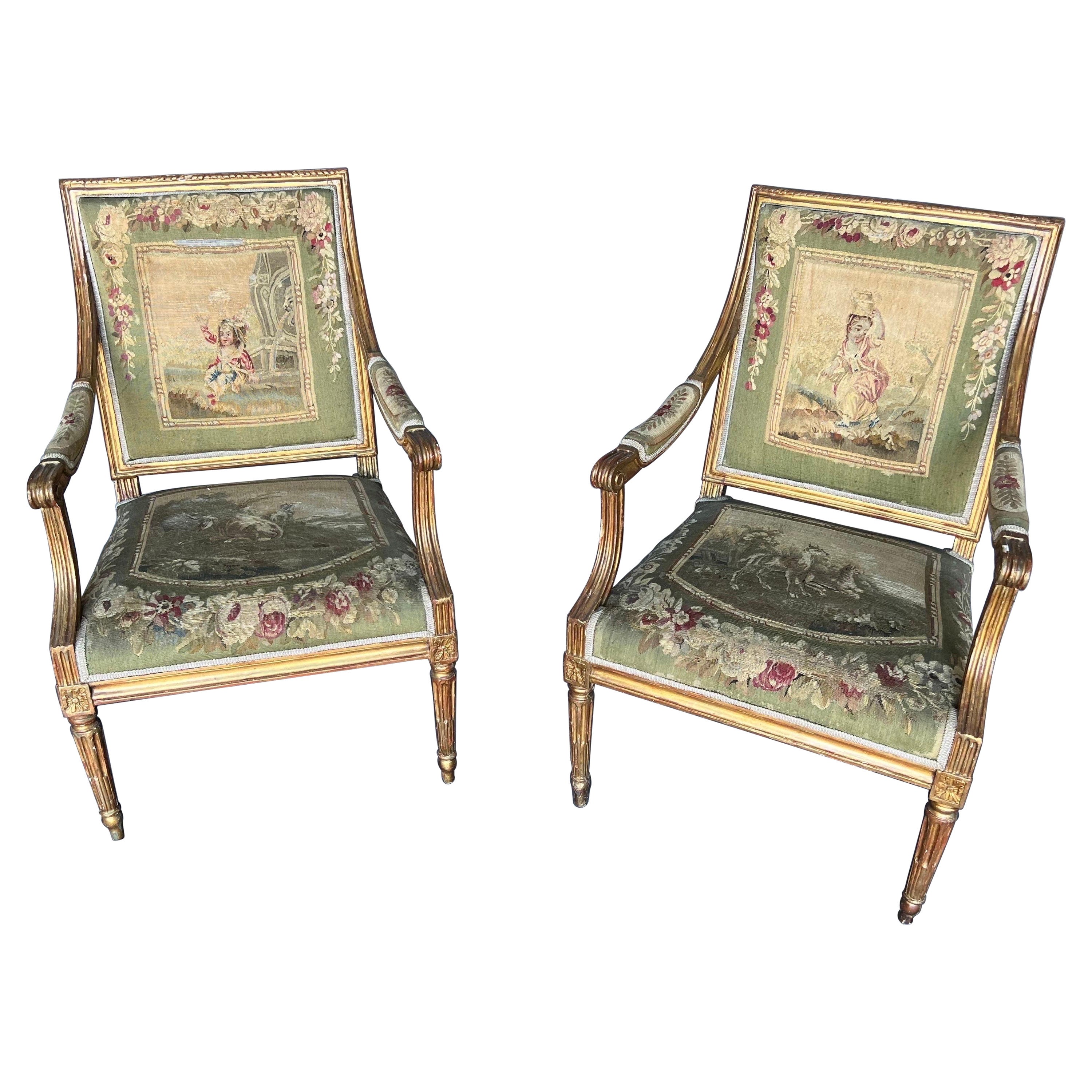 Fine pair of 18th century French Aubusson upholstered Fauteuils