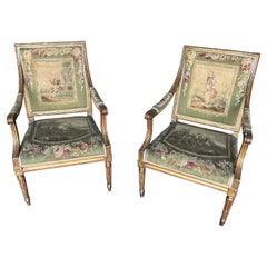 Antique Fine pair of 18th century French Aubusson upholstered Fauteuils