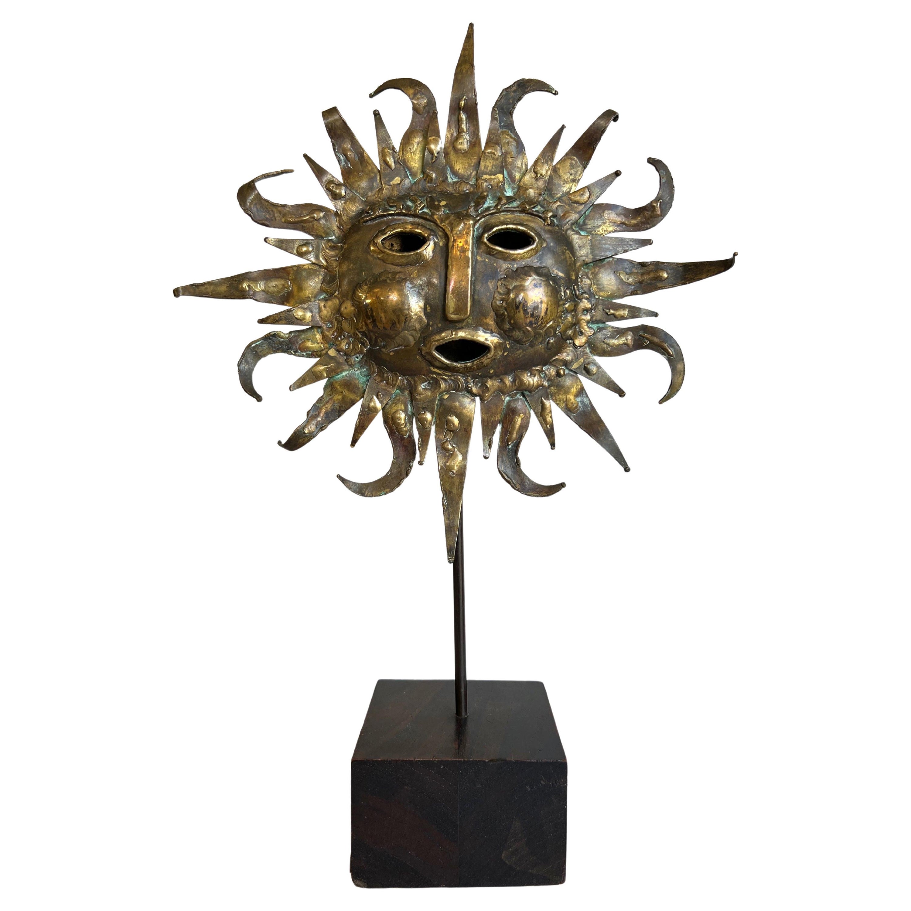 Emaús Brutalist Brass and Bronze Sun Face Sculpture on Stand, Signed, 1960s