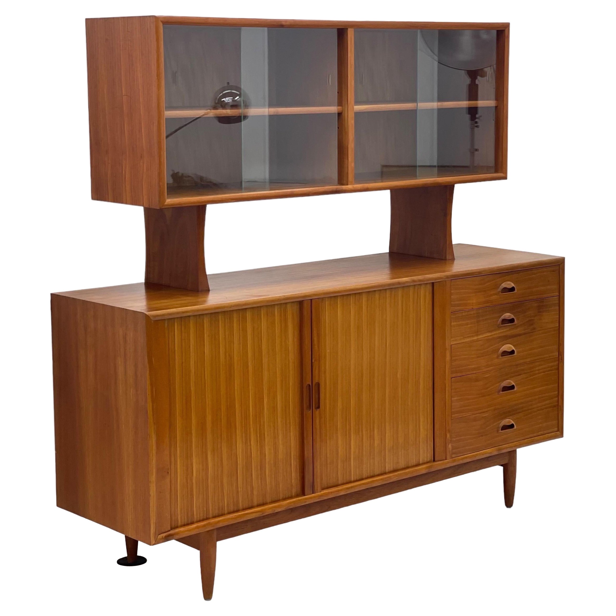 Vintage Danish Mid-Century Modern Teak Credenza Hutch Tambour Door Cabinet