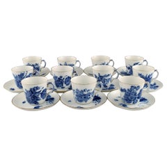 11 Royal Copenhagen Blue Flower Curved Mocha Cups and Saucers with Gold Edge