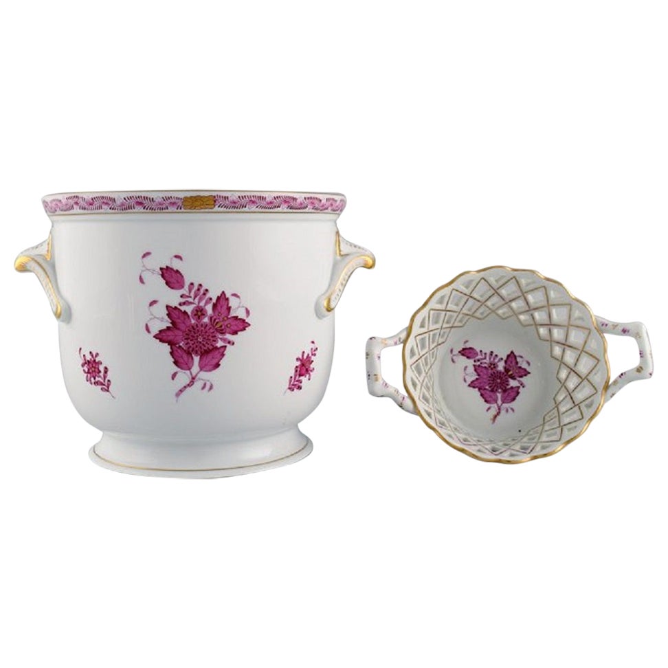 Herend Chinese Bouquet Raspberry, Champagne Cooler and Small Bowl For Sale