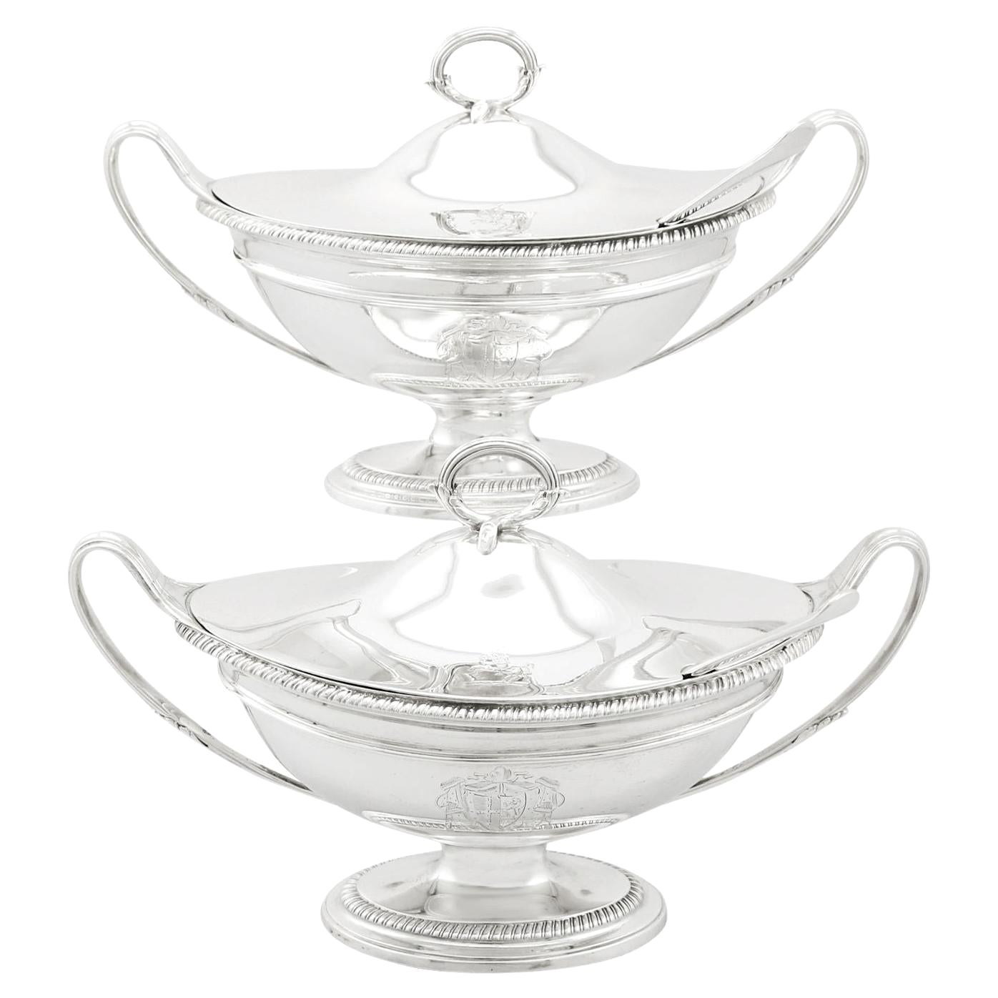 Antique Georgian 1790s Sterling Silver Sauce Tureens with Ladles For Sale