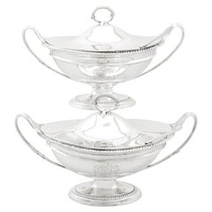 Antique Georgian 1790s Sterling Silver Sauce Tureens with Ladles