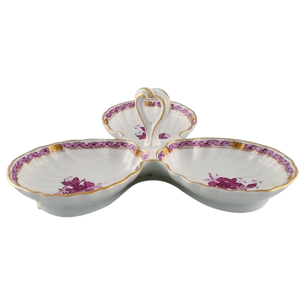Herend Chinese Bouquet Raspberry, Three-Part Serving Dish with Handle