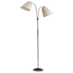 Swedish Designer, Floor Lamp, Brass, Metal, Fabric, Sweden, 1940s