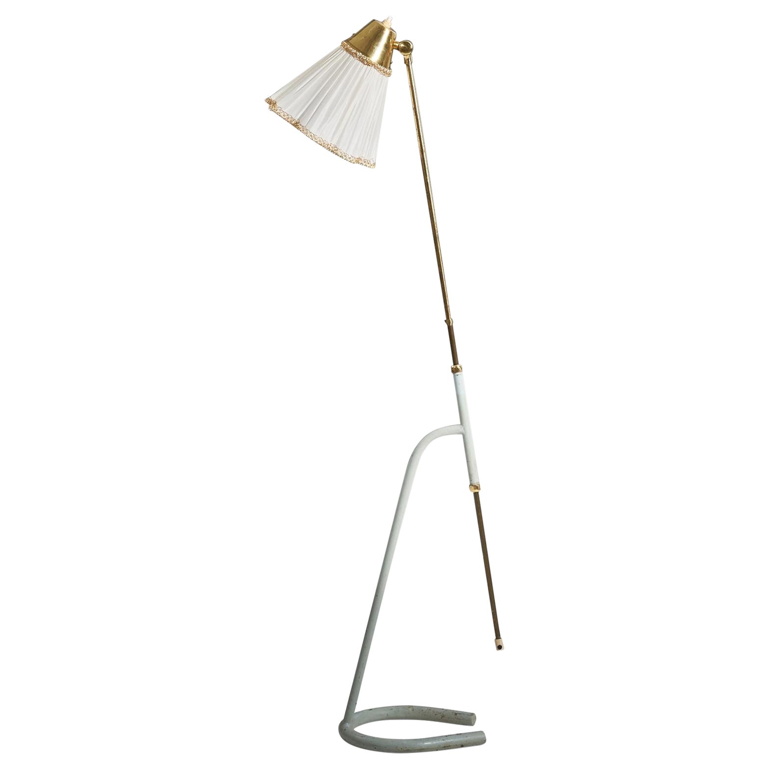 Hans Bergström, Floor Lamp, Brass, Metal, Fabric, Atelje Lyktan, Sweden, 1950s For Sale