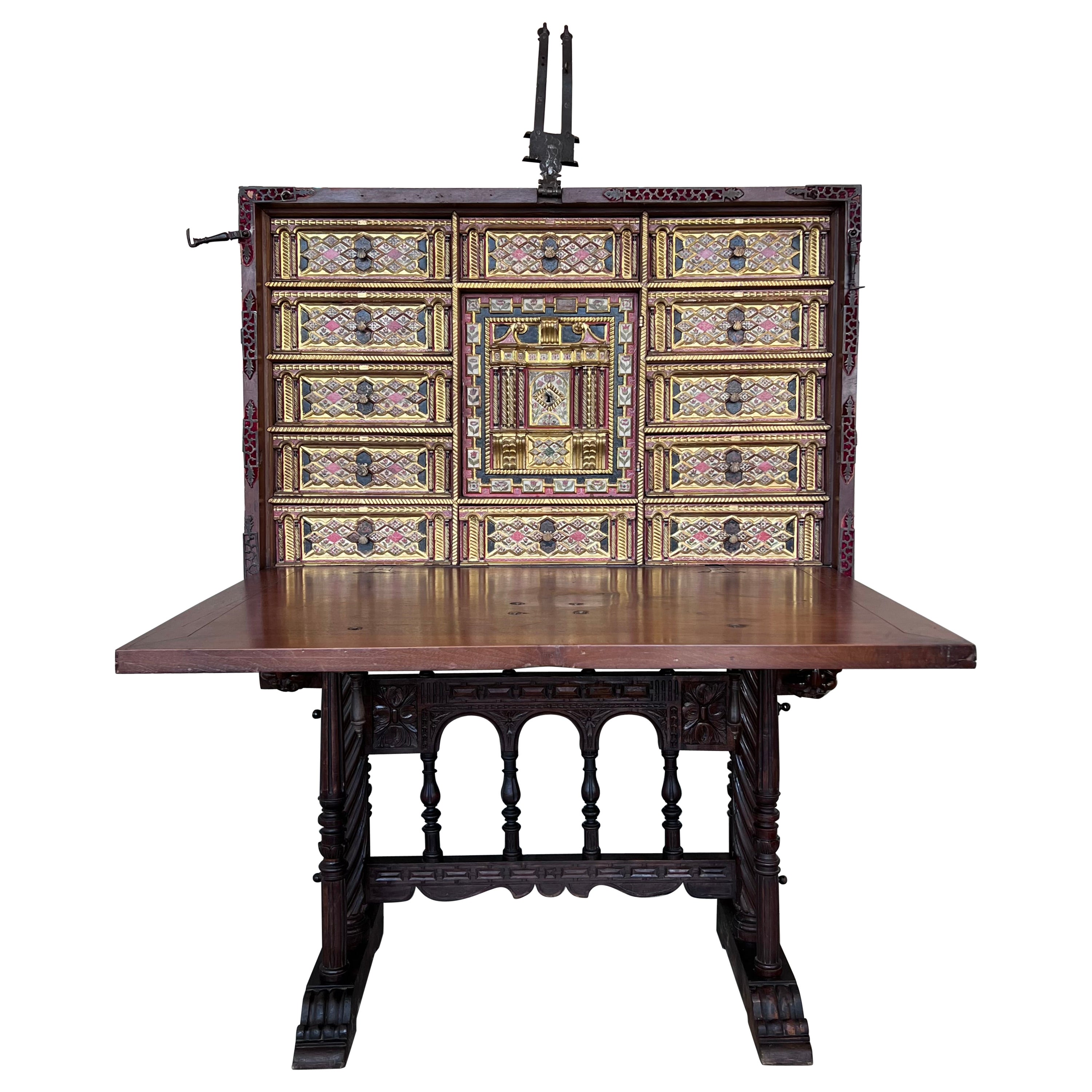17th Spanish Walnut Cabinet on Stand, Desk, Original ‘Bargueño’ For Sale