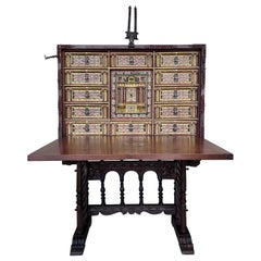 Antique 17th Spanish Walnut Cabinet on Stand, Desk, Original ‘Bargueño’