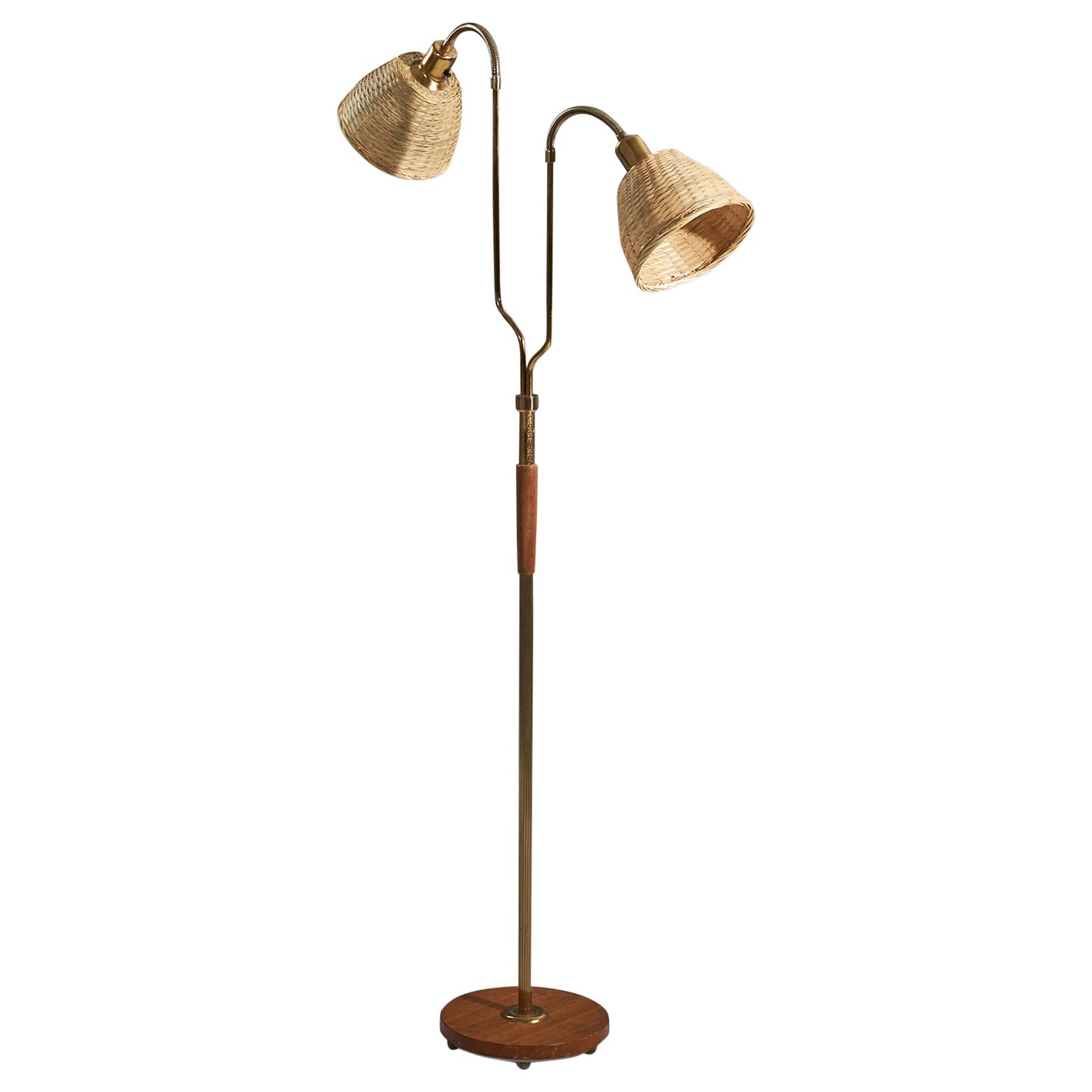 Swedish Designer, Adjustable Floor Lamp, Brass, Teak, Rattan, Sweden, 1950s For Sale