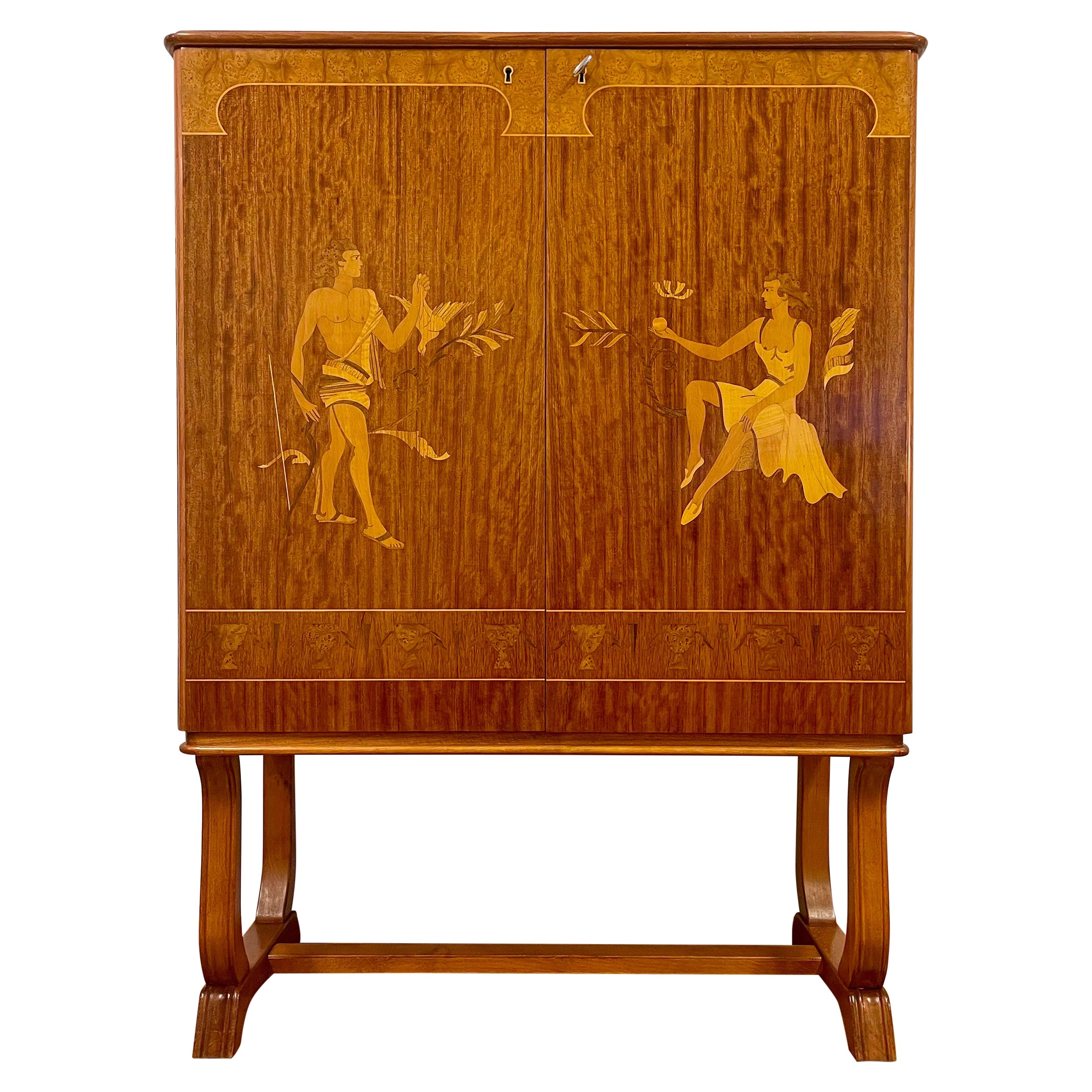 Swedish Modern 1930s Cabinet by Vingåkers Möbelfabrik with Mjölby Intarsia Decor For Sale
