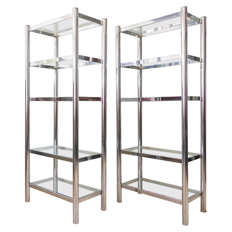 Pair of Polished Chrome and Glass Shelving Unit, 1970s For Sale at 1stDibs