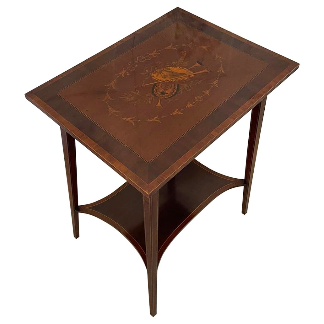 Mesa de lámpara antigua eduardiana de caoba con incrustaciones de alta calidad