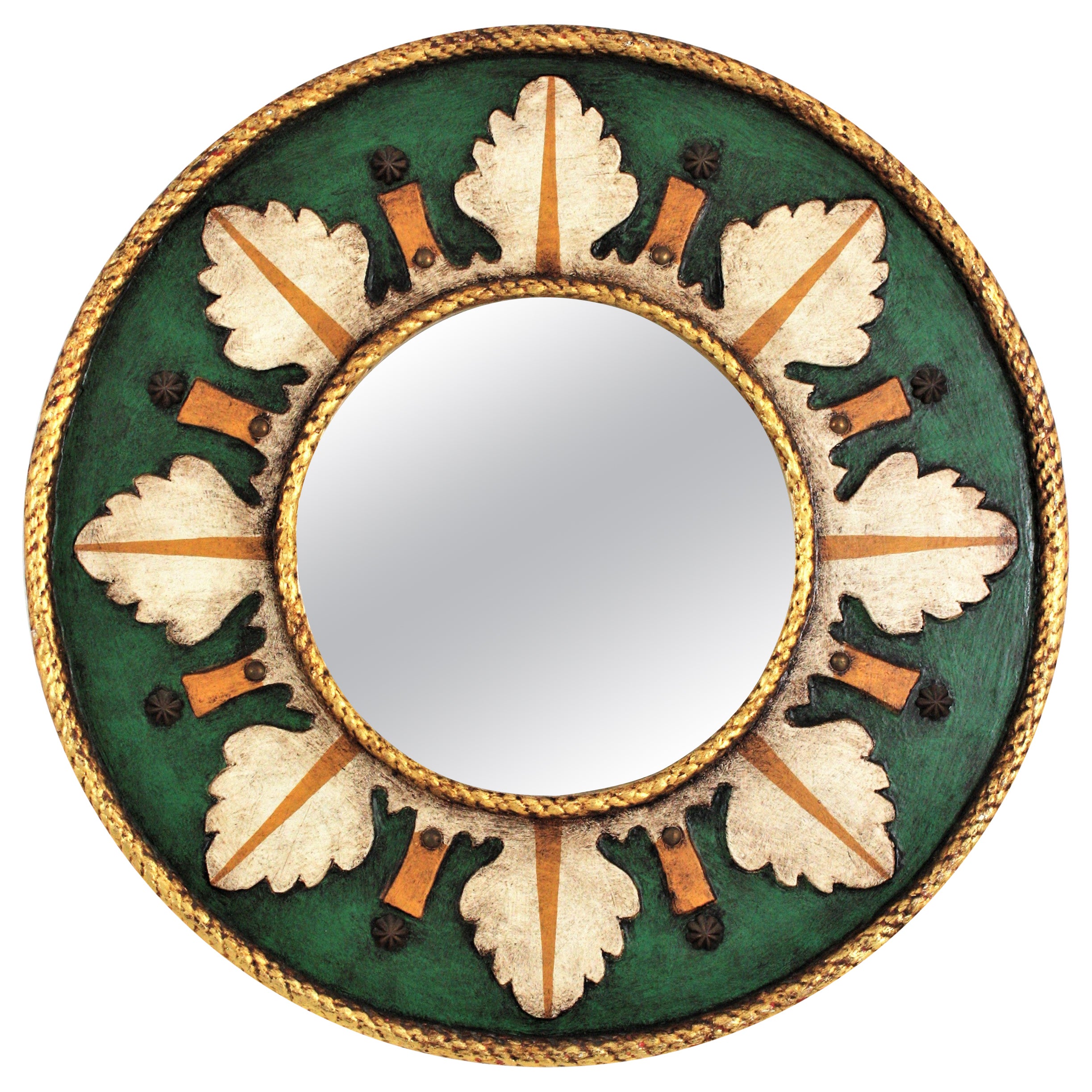 Spanish Renaissance Revival Polychrome Sunburst Round Wall Mirror