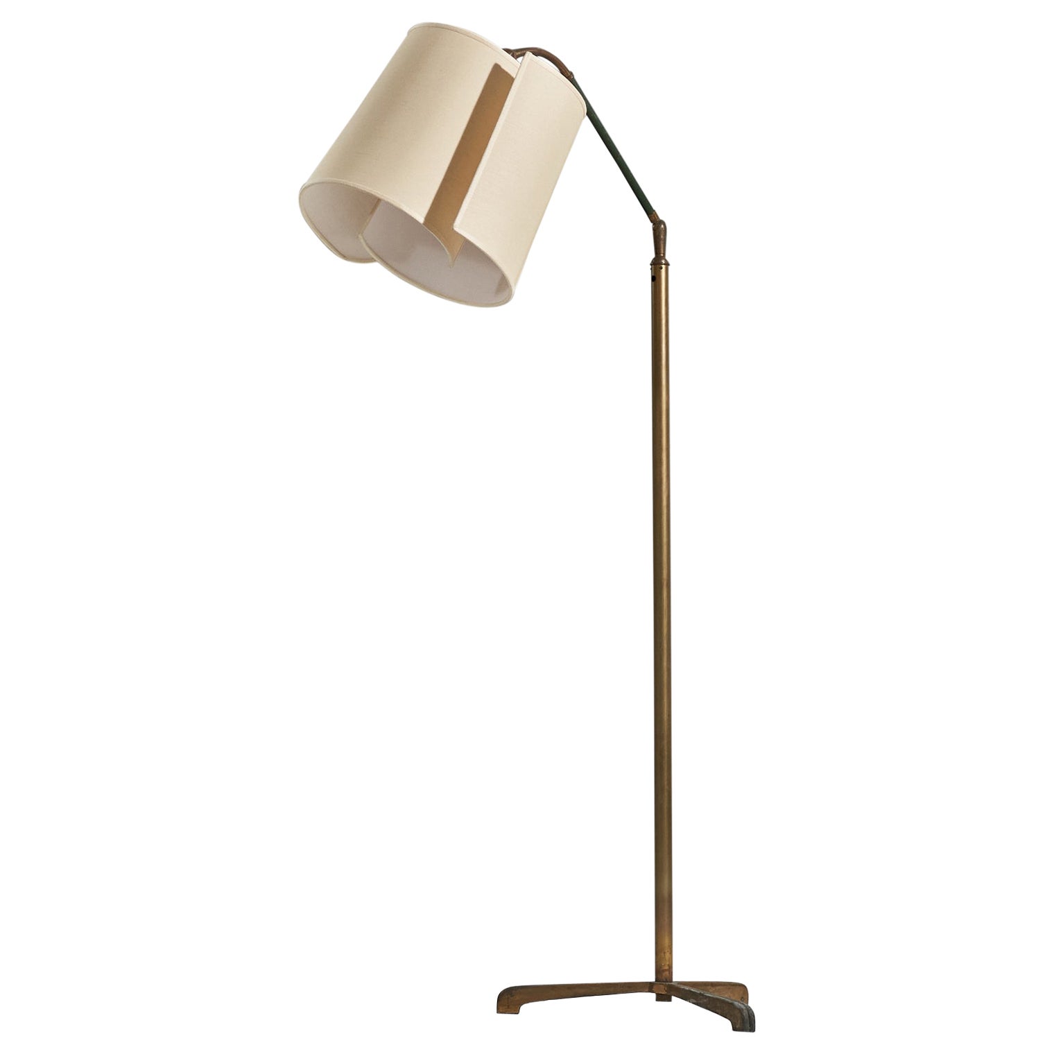 Designer italien, lampadaire réglable, laiton, vinyle, tissu, Italie, années 1940