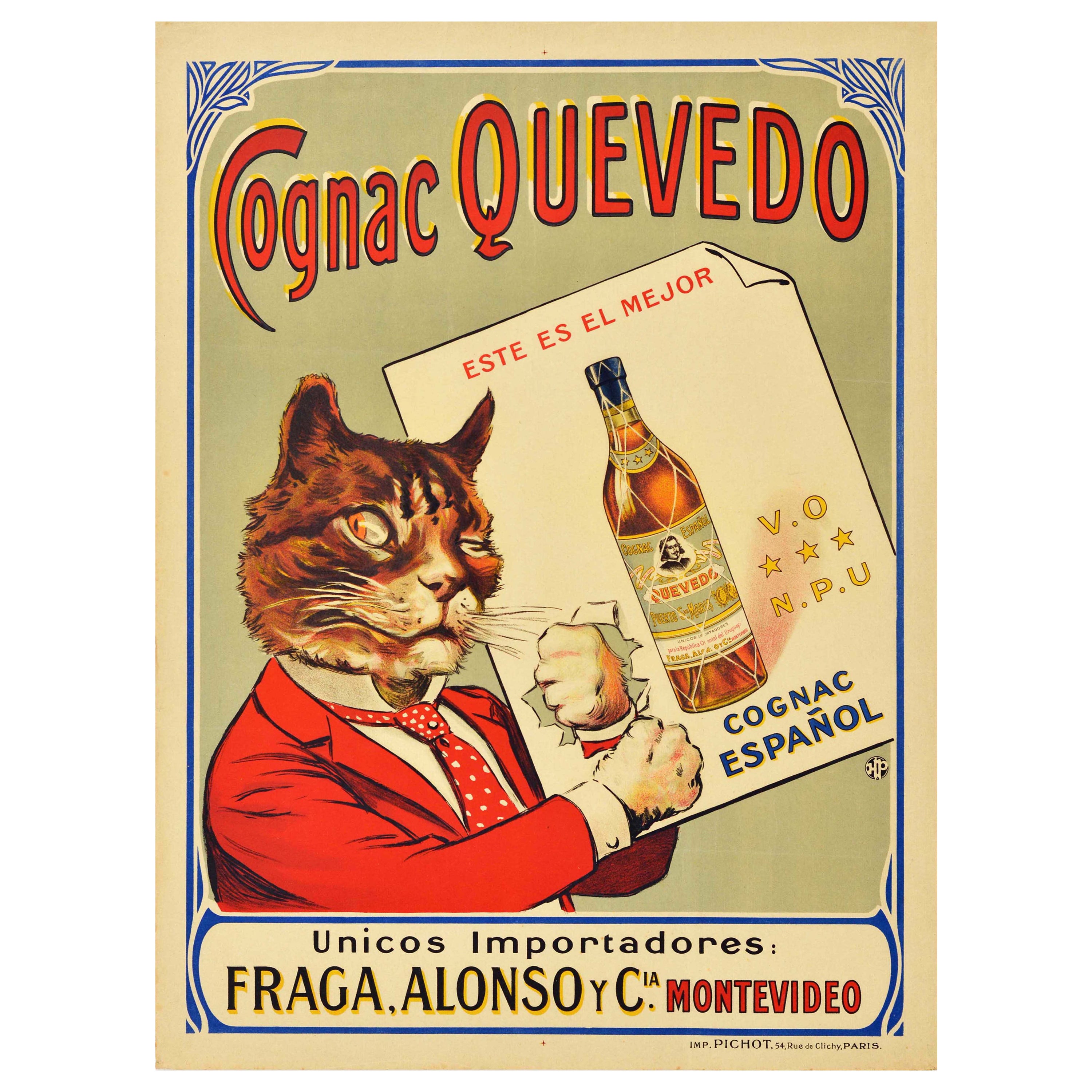 Original Antique Drink Advertising Poster Cognac Quevedo Alcohol Cat Spain VO For Sale