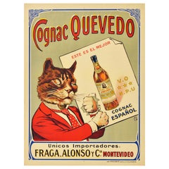 Original Antikes Werbeplakat für Getränke, Cognac, Quevedo, Alcohol, Katze, Spanien VO