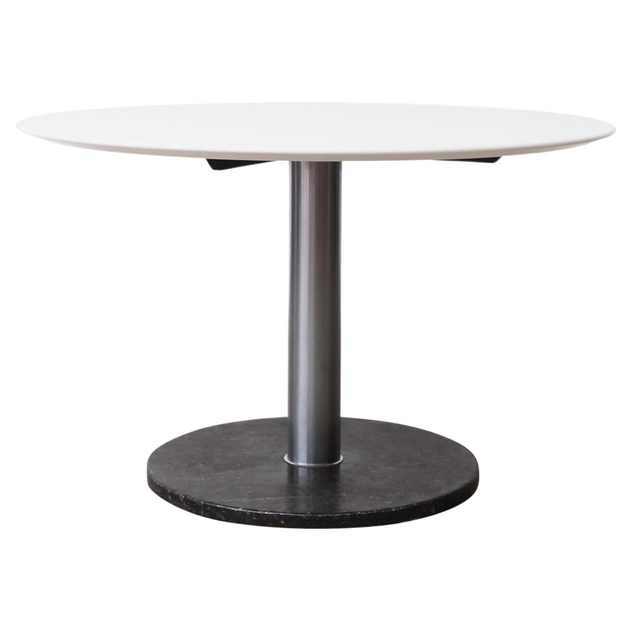 Pedestal Dining Table with Black Marble Base, Chrome Stem & White Laminate Top