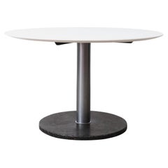 Retro Pedestal Dining Table with Black Marble Base, Chrome Stem, & White Laminate Top