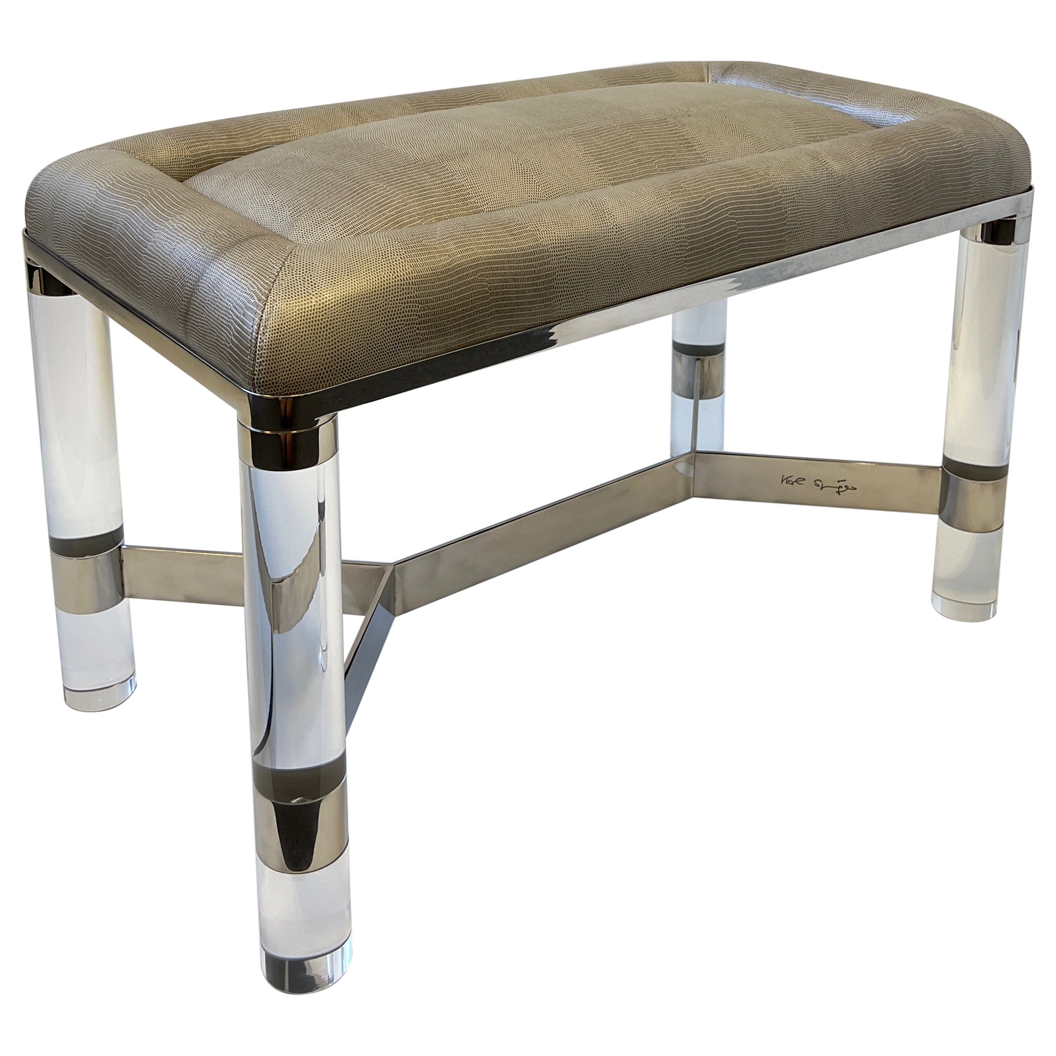 Chrome and Lucite with Snakeskin Leather Bench by Karl Springer For Sale
