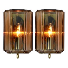 Limburg Set of 3 Vintage 1970s Smoked 'Topaz' Glass and Brass Wall Lights Lamps
