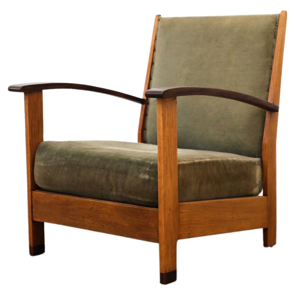 Original Dutch Art Deco Oak Lounge Chair w/ Curved Armrests & Green Upholstery For Sale