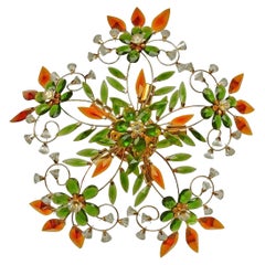 Large French Maison Bagués Style Gilt Flushmount w Amber Crystal Prism Flowers