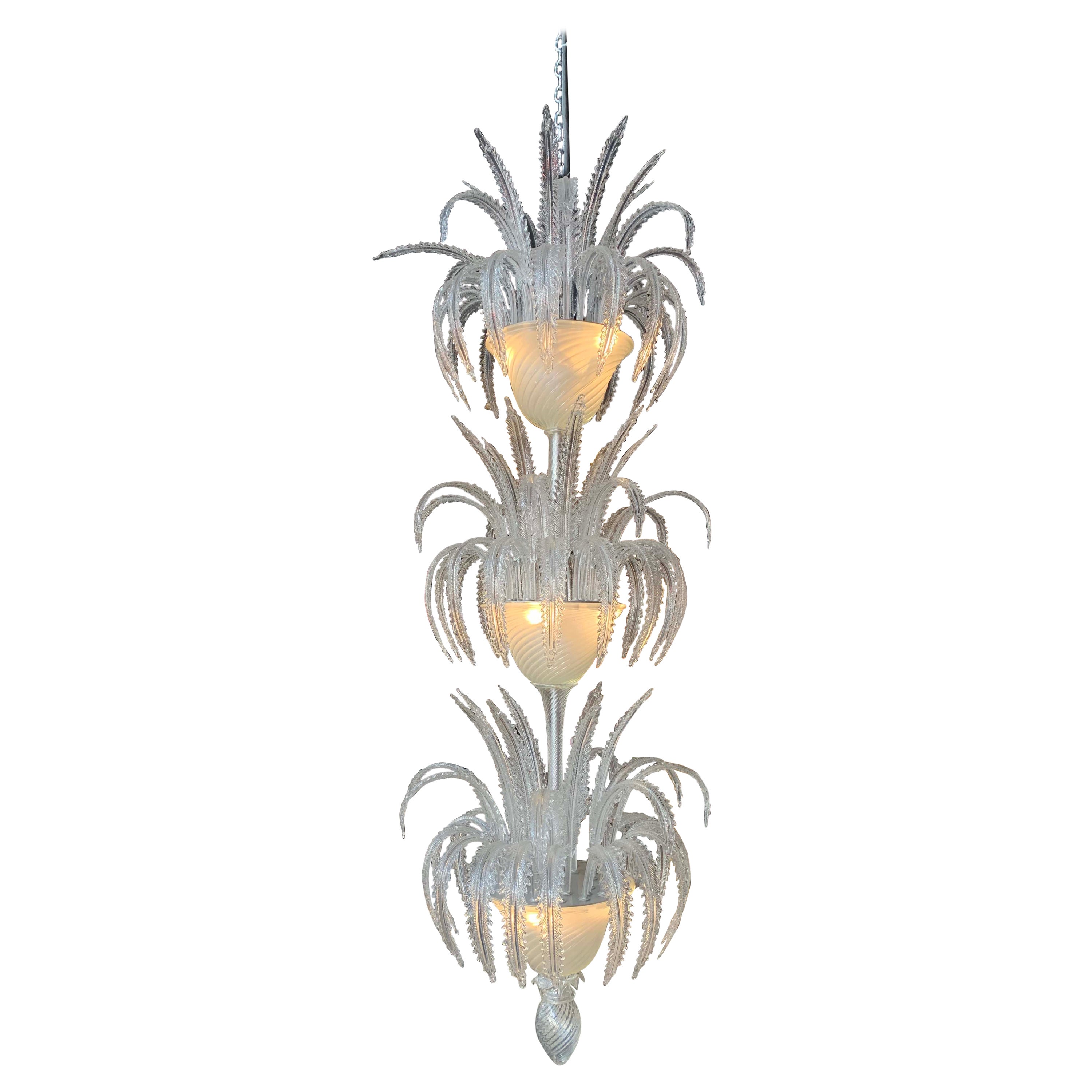Three Tier Icey Leaves Murano Chandelier For Sale
