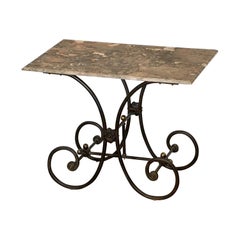 French Baker's Patisserie Table with Marble Top and Wrought Iron Base
