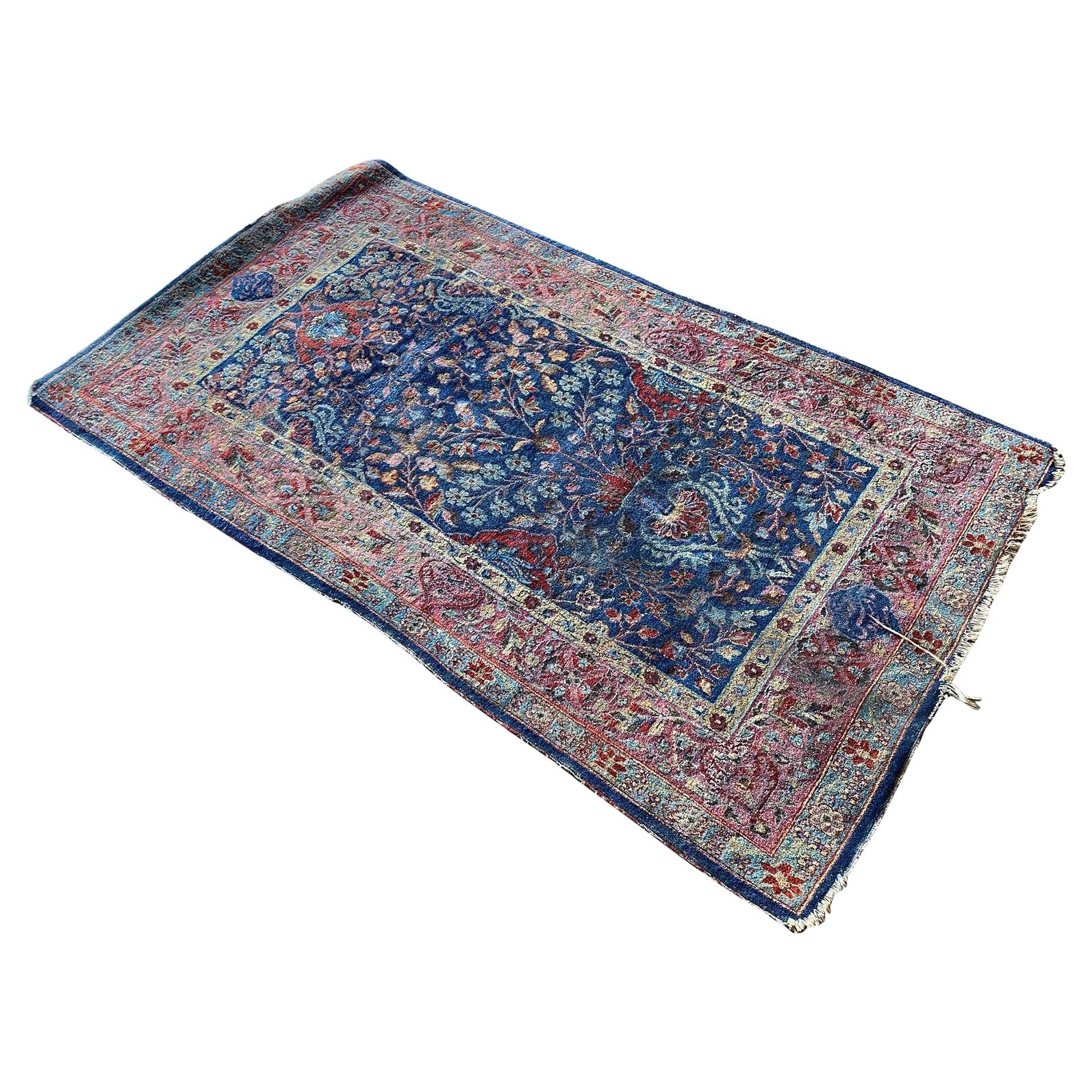Hand Knotted Floral Blue / Red Silk Persian Rug For Sale
