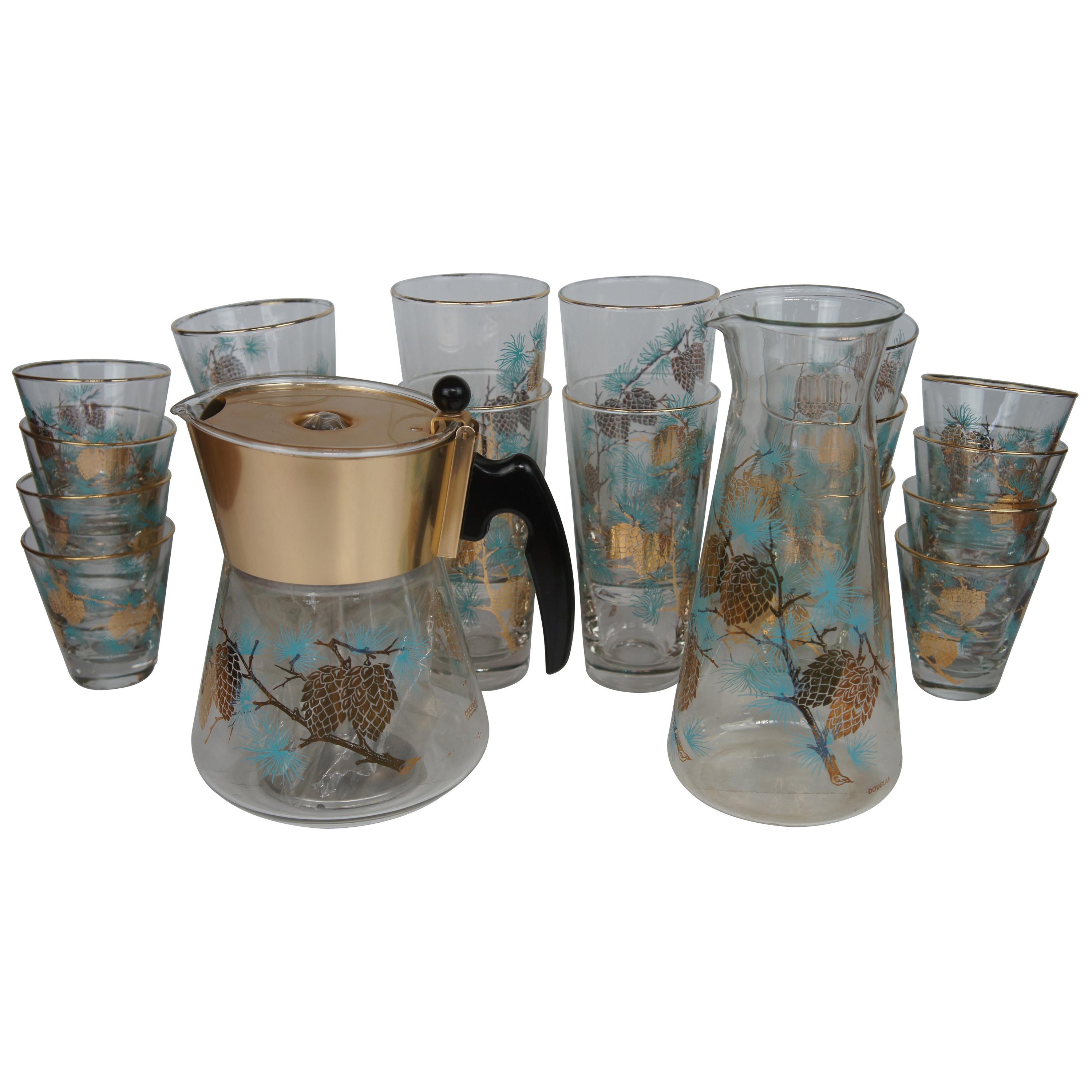 20 MCM Libbey Glass David Douglas Aqua Gold Pine Cone Coffee Tea Bar Drink Set