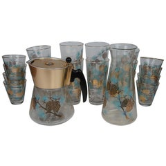 20 MCM Libbey Glass David Douglas Aqua Gold Pine Cone Coffee Tea Bar Drink Set