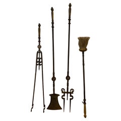 Set of Victorian Wrought Iron and Bronze Fire Place Tools
