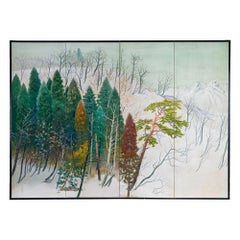 Antique Japanese Four Panel Screen, Snowy Mountain Landscape