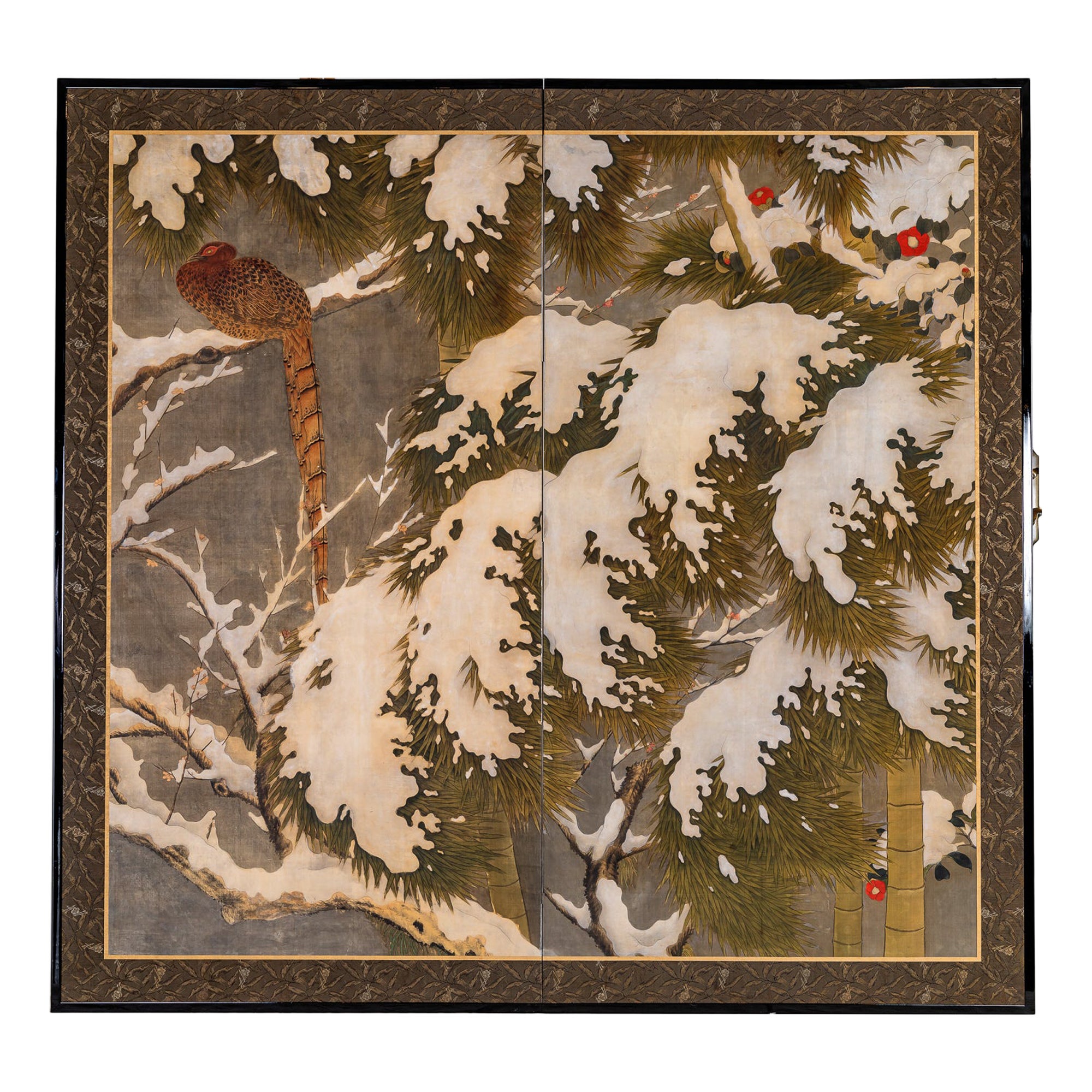 Japanese Two Panel Screen: Recumbant Pheasant in Snow Laden Pine