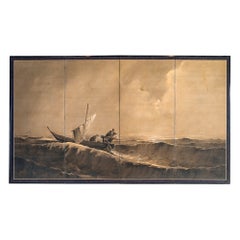 Antique Japanese Four Panel Screen, Fisherman in Stormy Seas