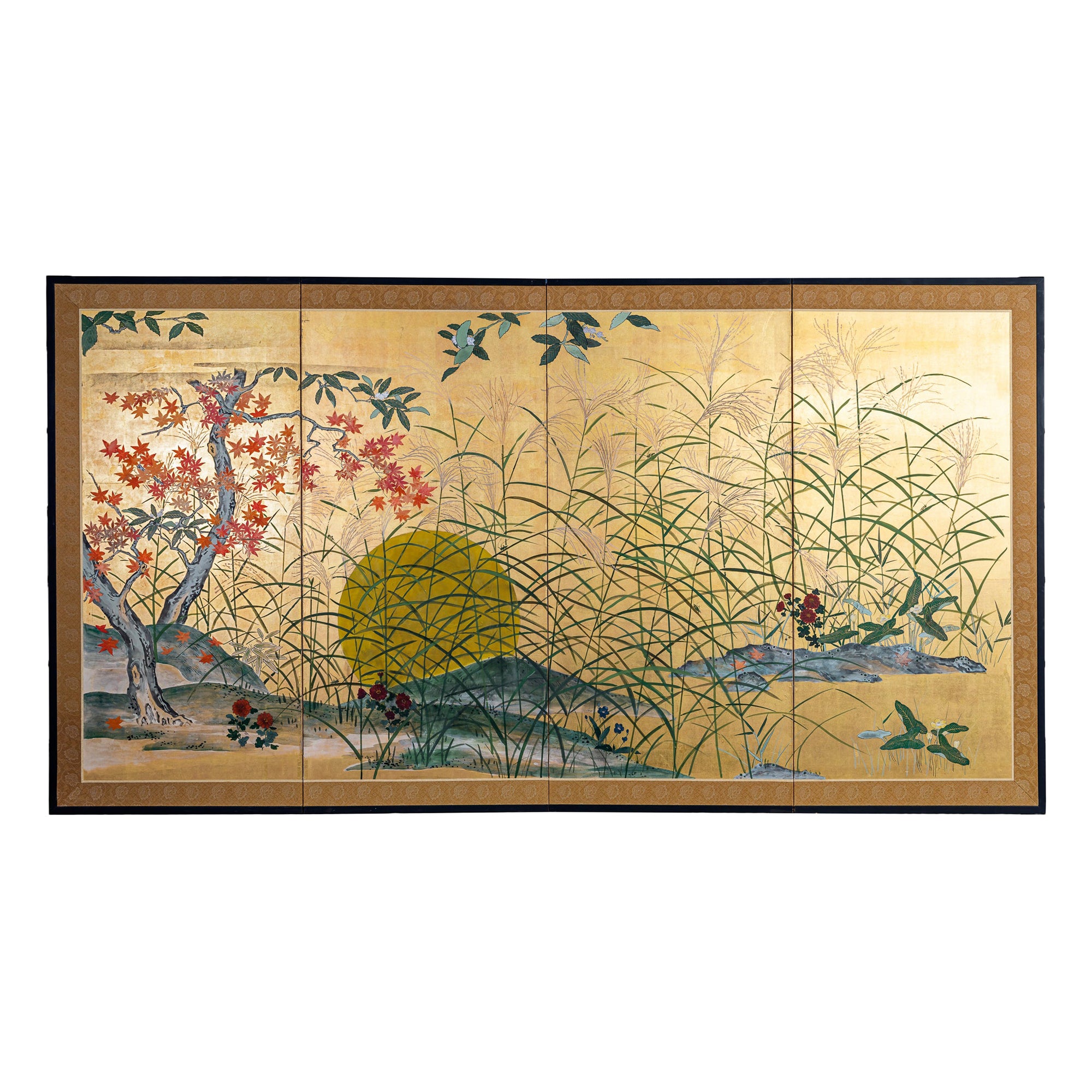 Japanese Four Panel Screen: Autumn Flowers and Moon on Gold For Sale