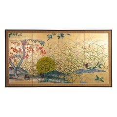 Antique Japanese Four Panel Screen: Autumn Flowers and Moon on Gold