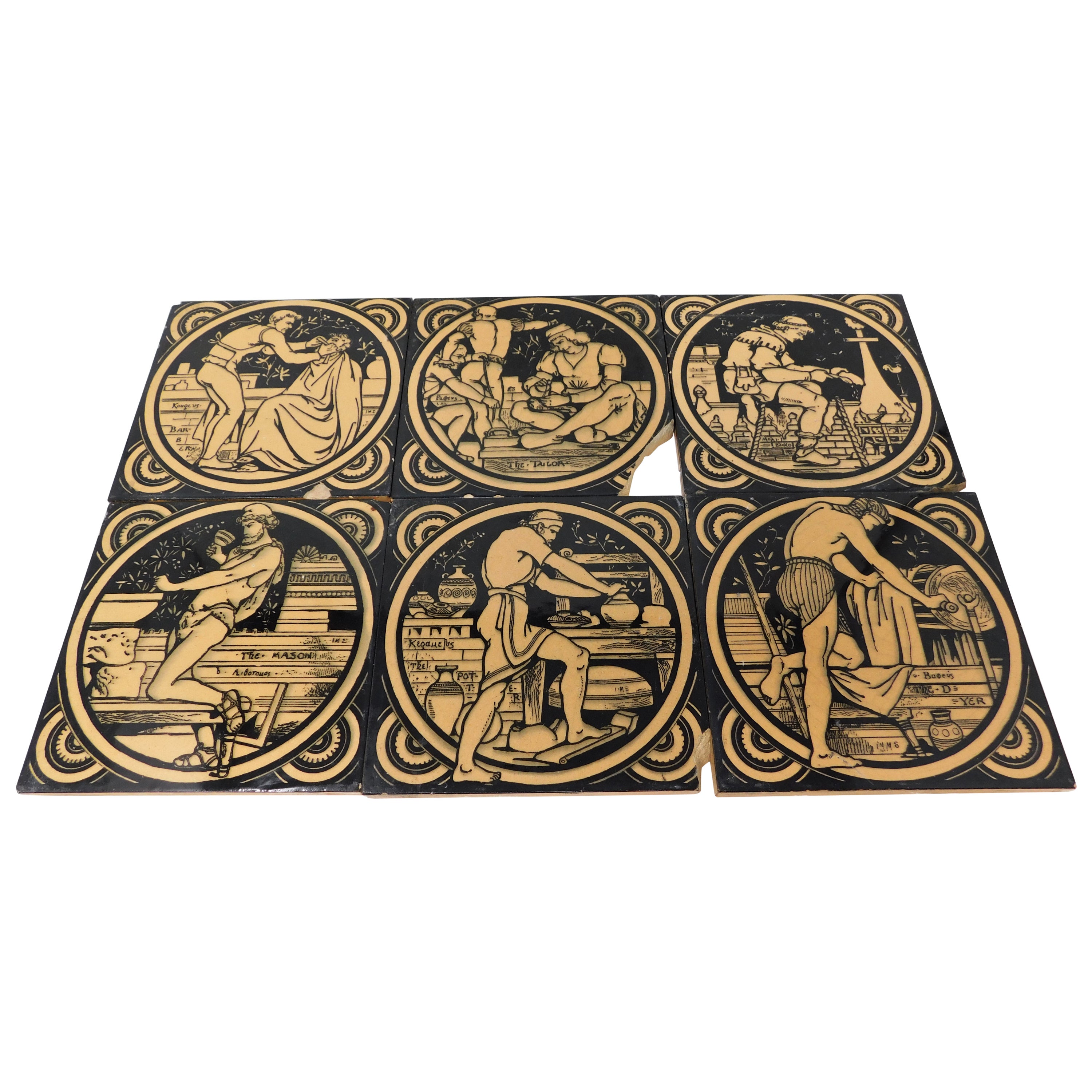 Ensemble de six carreaux en céramique de Minton peints à la main du 19ème siècle en faïence en vente