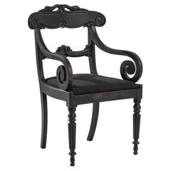 19th Century French Black Wooden Armchair with Upholstered Seat