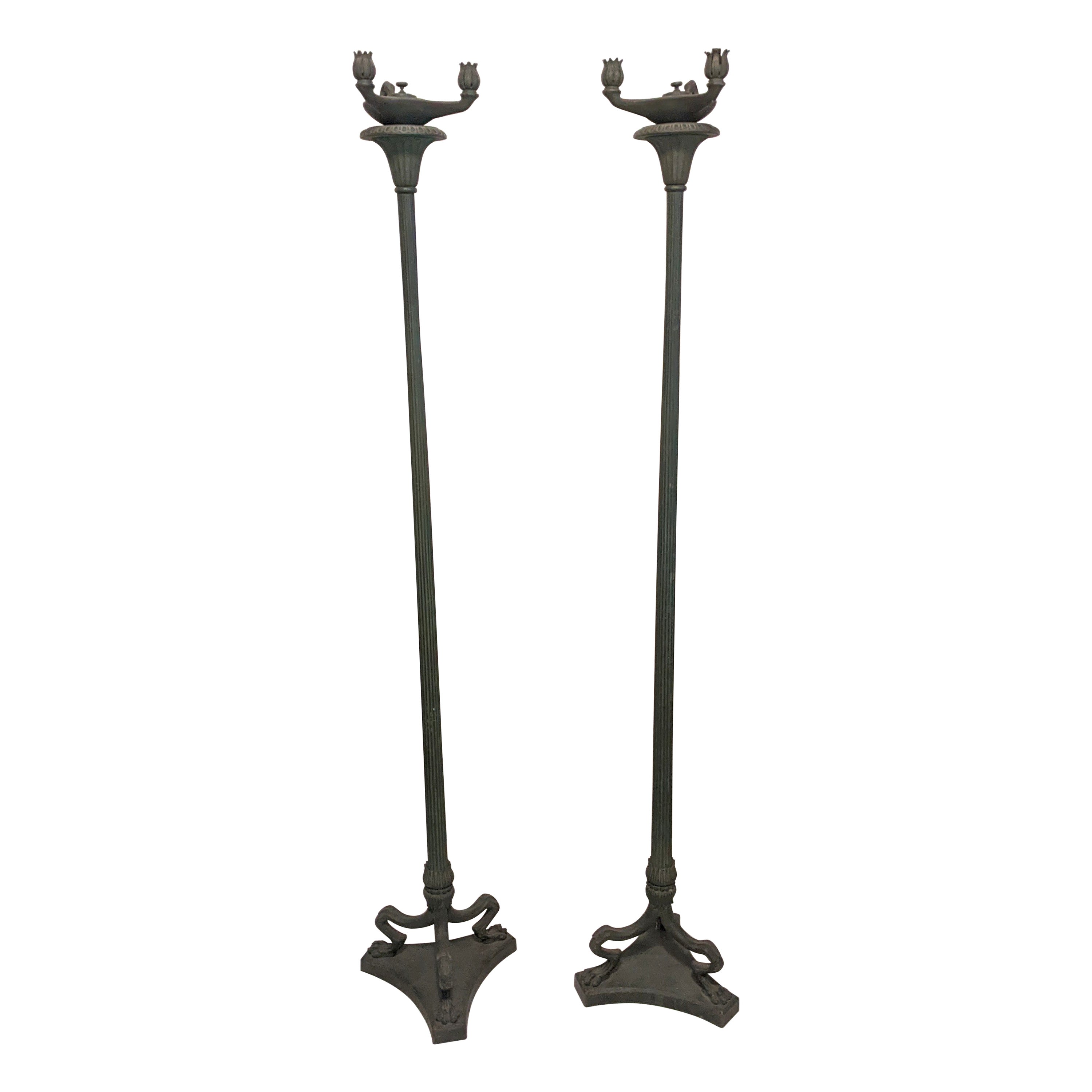 Pair of Bronze Neoclassical Floor Lamps, Tiffany Style For Sale