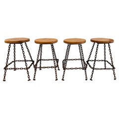 Set of 4 Brutalist Welded Marine Chain and Wood Bar Stools - 1970's