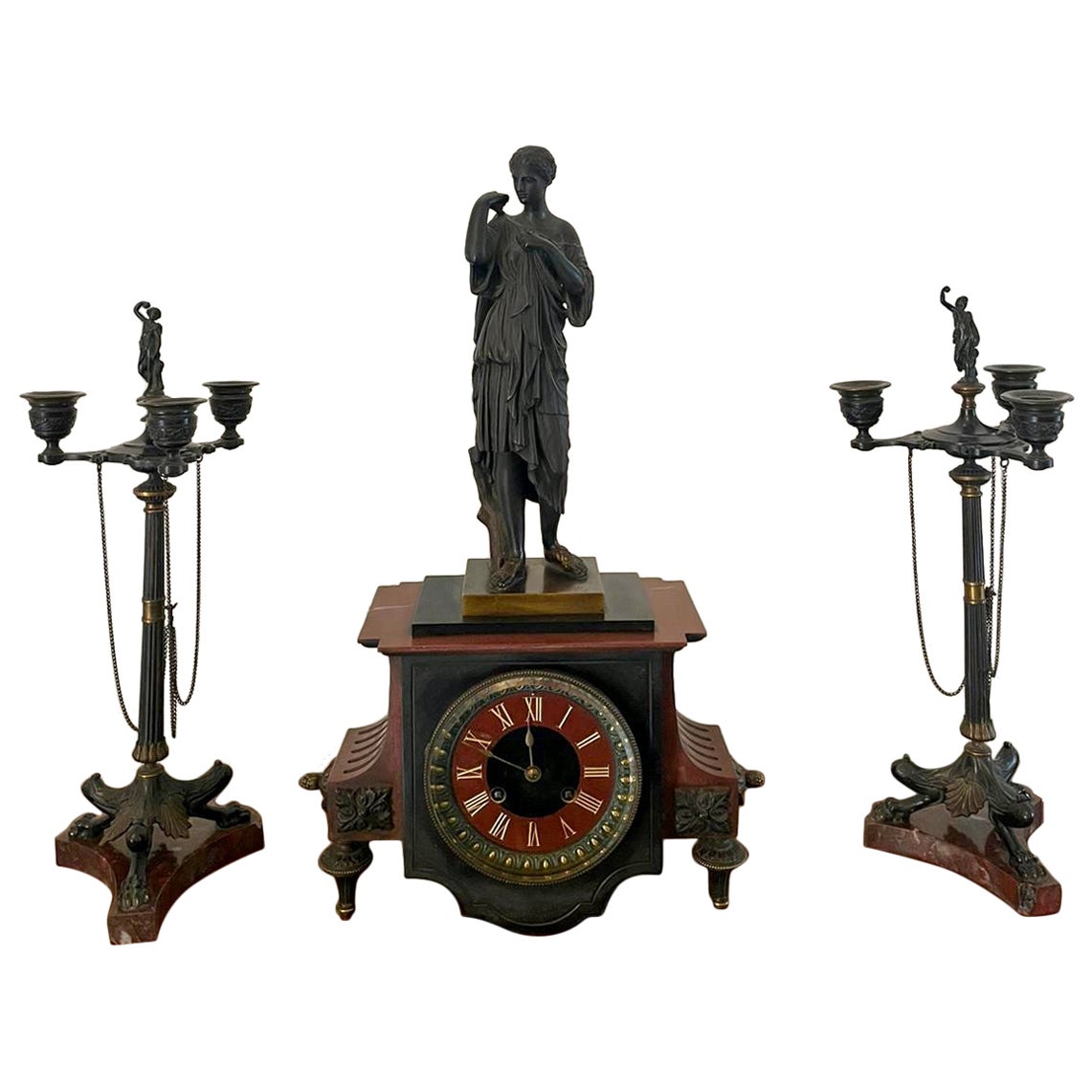 Outstanding Quality Antique Regency Bronze and Marble Clock Set For Sale