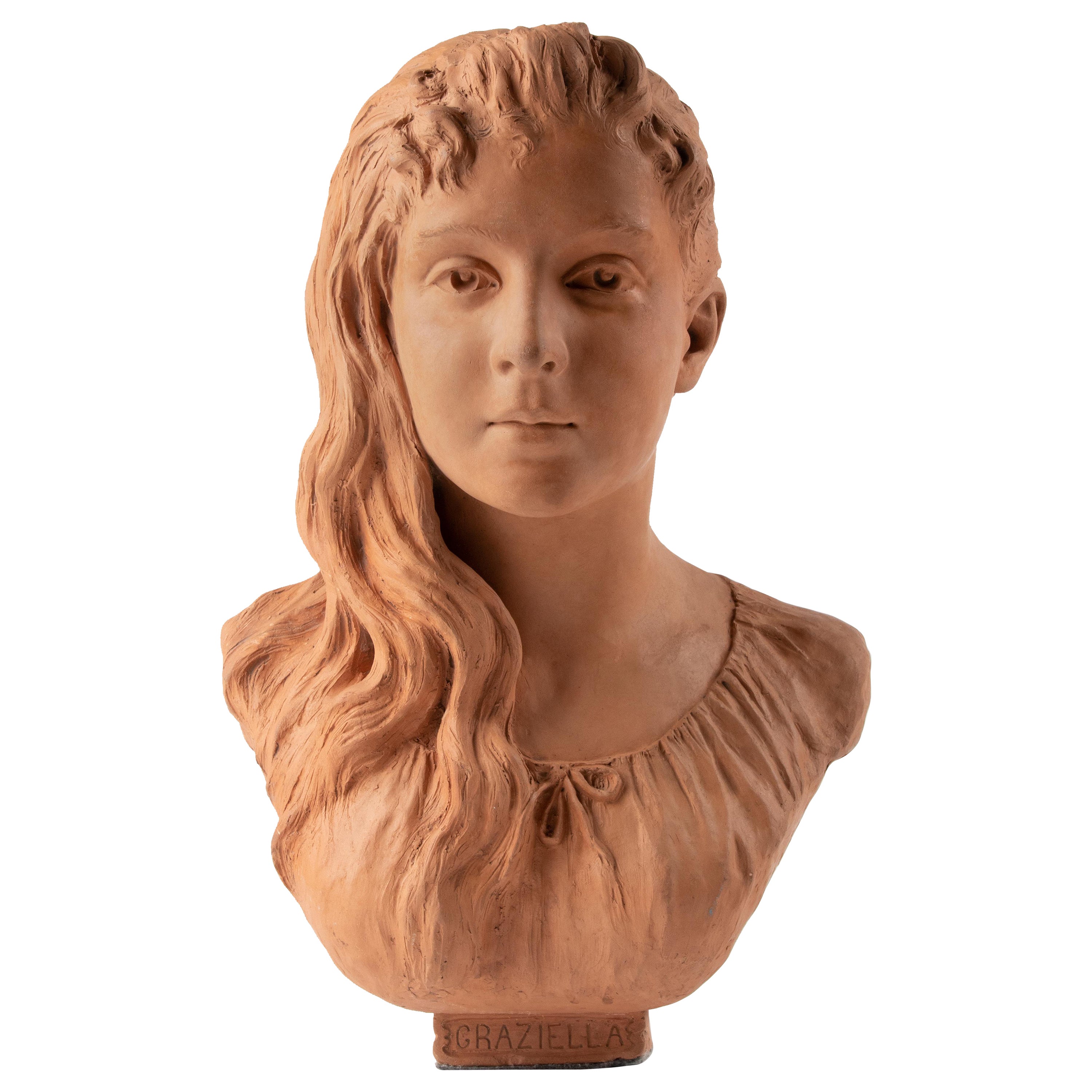 Late 19th Century Terracotta Bust of a Girl named Graziella signed Marcel For Sale