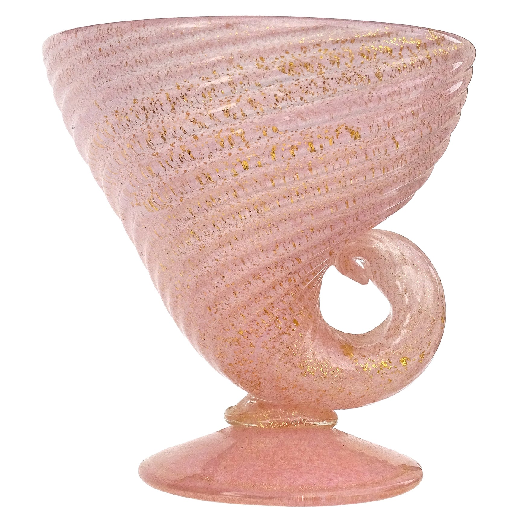 Barovier Toso Murano Pink Gold Flecks Italian Art Glass Seashell Candy Dish Bowl For Sale