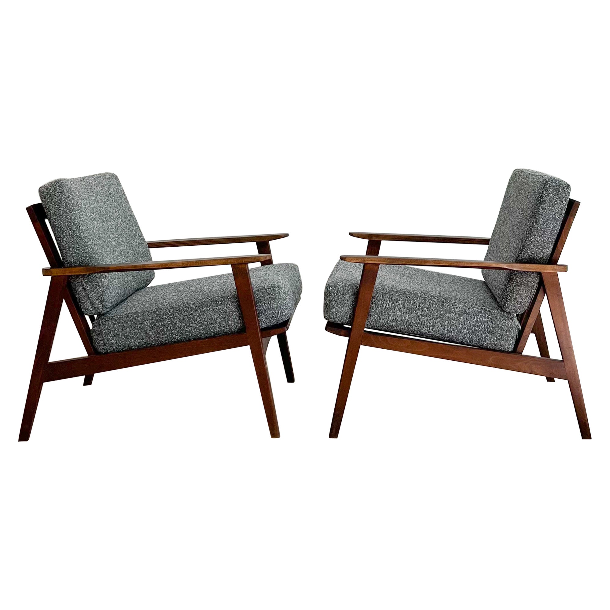 Pair of Mid-Century Lounge Chairs w/ New Grey Tweed Upholstery
