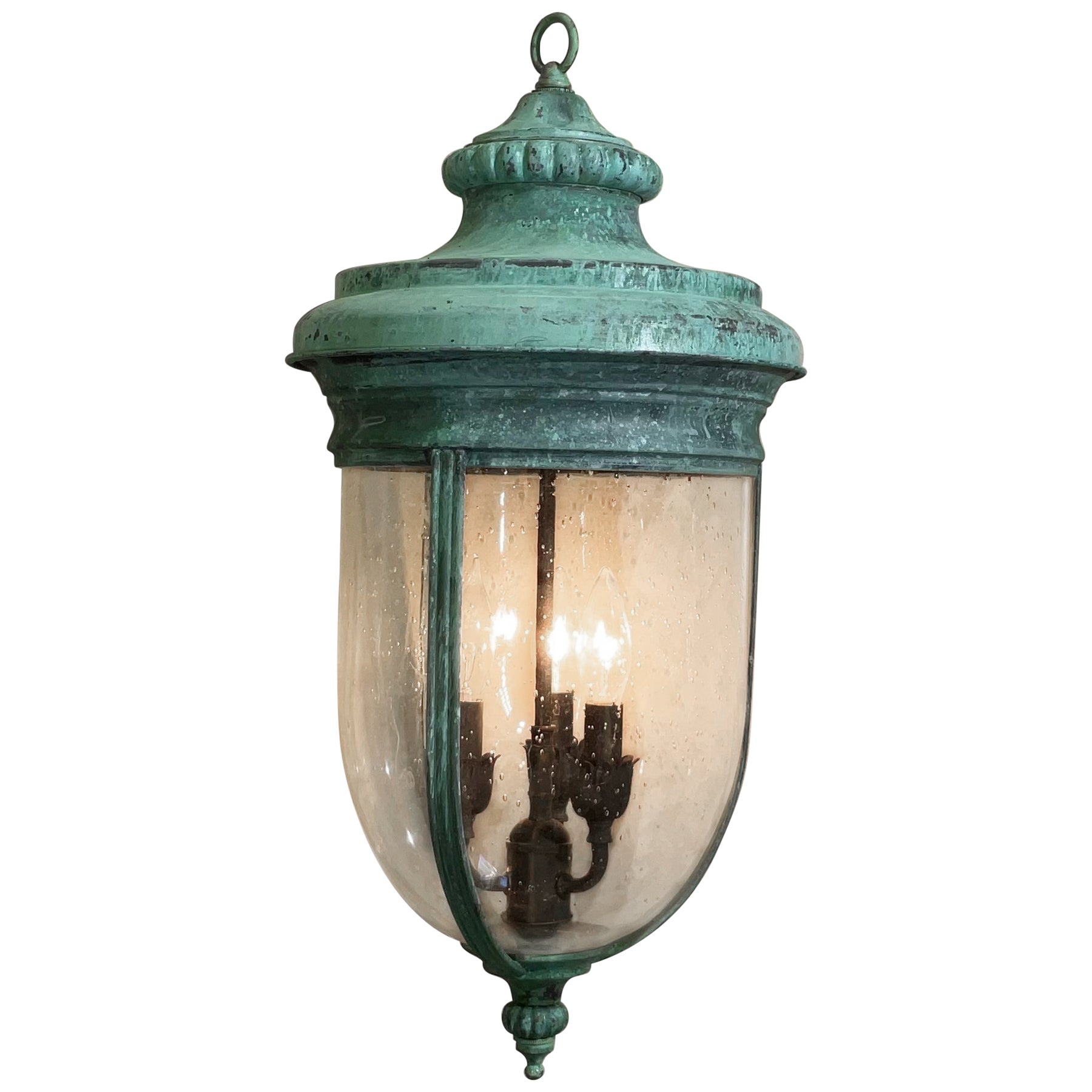 Solid Brass Lantern Hanging Pendant with Handblown Circular Glass For Sale