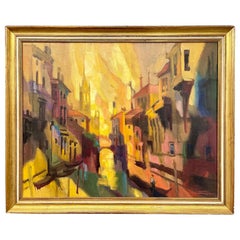 Original Signed Mid-Century Abstract Oil Painting Cityscape, Italy